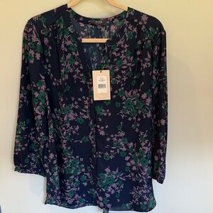 NYDJ Navy Floral Split-Neck Blouse by with lavender and green print.